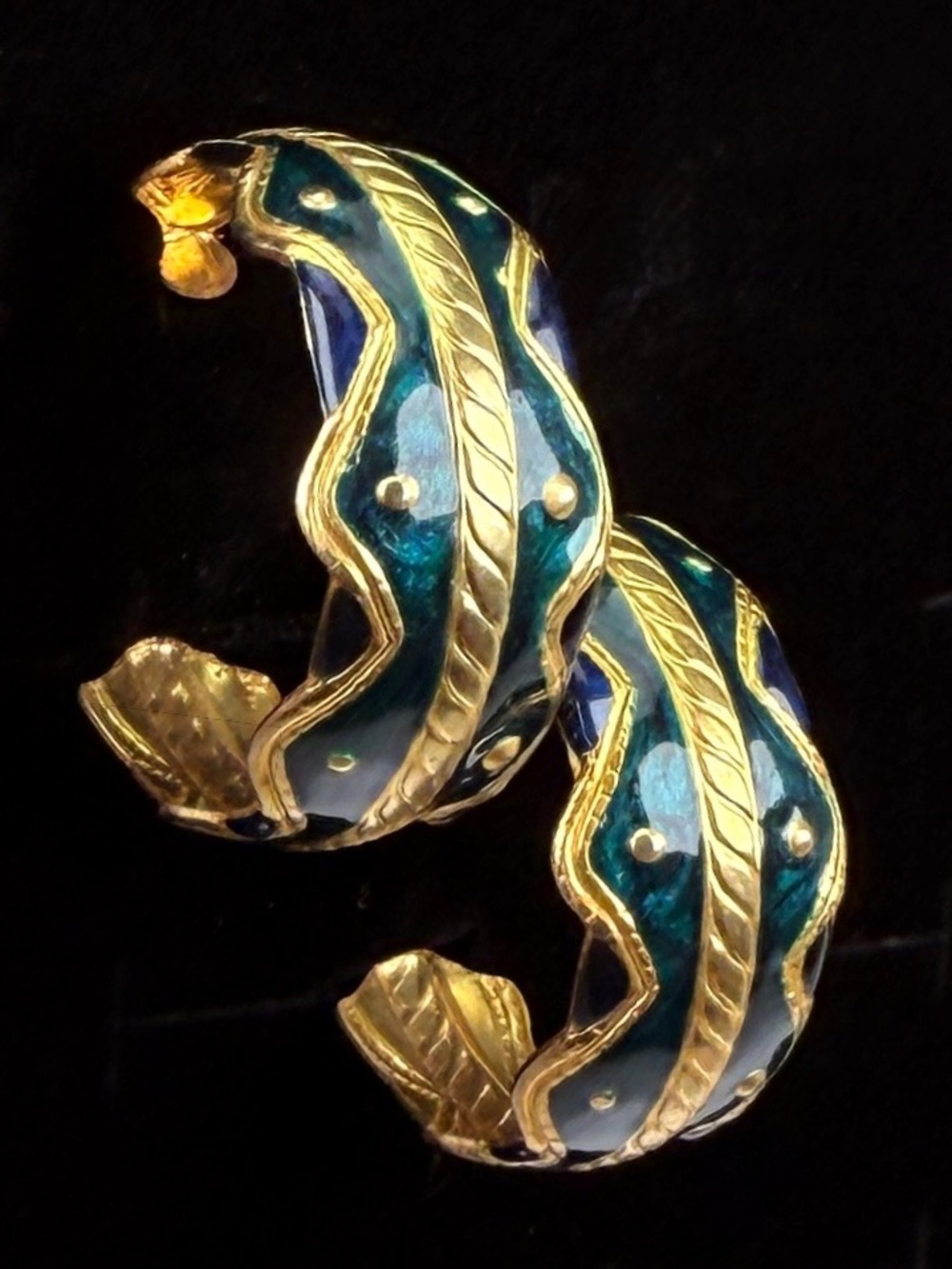 Vintage Teal Blue Enamel Gold Tone Pierced Statement Earrings